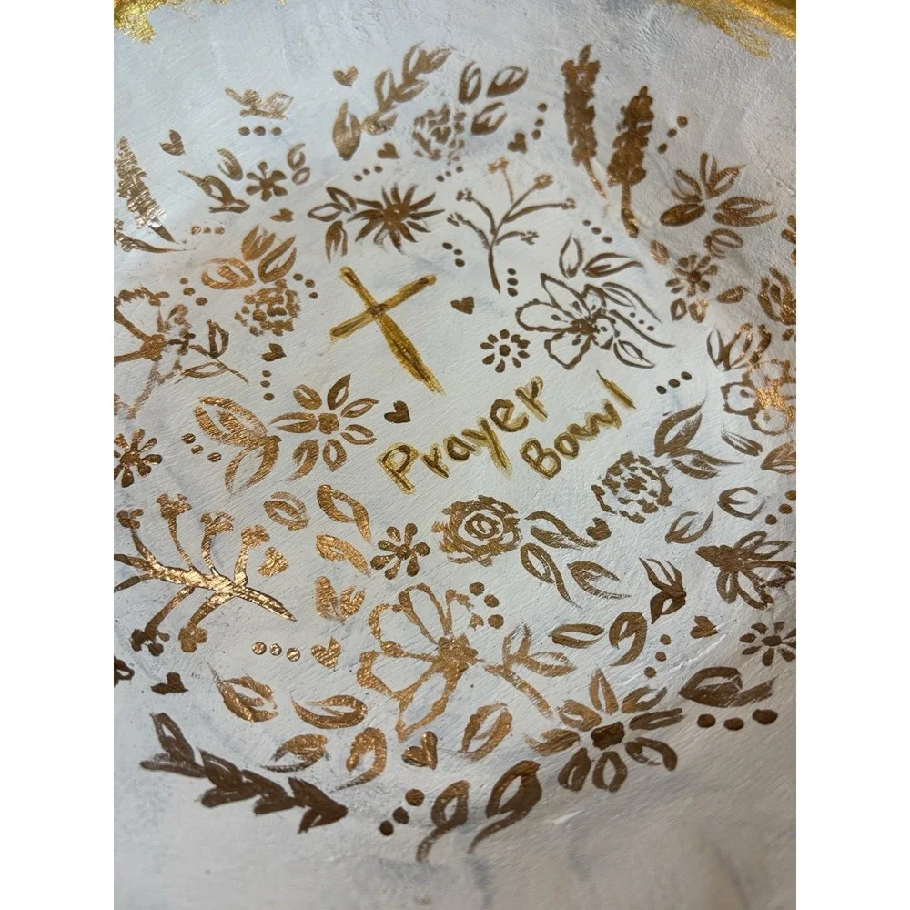 Hand painted Wooden Prayer Bowl White Gold Flowers Hearts Large Dish Cross Tray